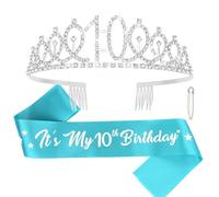 CAVETEE Fascia e corona Happy 10th Birthday Decorazioni per ragazze blu IT's My Birthday Sash per 10° compleanno regali