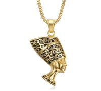 CAVIEA Collana con ciondolo della regina africana Nefertiti, per donne e uomini, in acciaio inox placcato oro, stile rapper, rocker hiphop, Strass, Zirconia cubica
