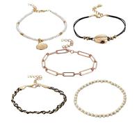Cavigliere da donna con conchiglie bohémien, 5 pezzi, gioielli da spiaggia con perle dorate, cavigliera con perline, delicata catena per piedi, accessorio per vacanze estive