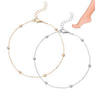 Cavigliere in argento da donna, 2 pezzi, cavigliere da donna, regolabili, da spiaggia, a piedi nudi, catena semplice per piedi, per vacanze estive per ragazze, oro, argento