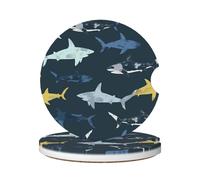 Cavizow Sottobicchieri in ceramica per auto, confezione da 2 pezzi, blu, giallo, grigio, squalo marino, assorbenti, per portabicchieri, antiscivolo, con base in sughero, per auto