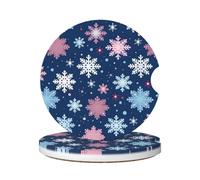 Cavizow Sottobicchieri in ceramica per auto, confezione da 2 pezzi, con fiocchi di neve rosa e blu, assorbenti, per portabicchieri, antiscivolo, con base in sughero, per auto