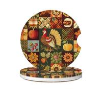 Cavizow Sottobicchieri in ceramica per auto, confezione da 2 pezzi, motivo a cubi di tacchino del Ringraziamento, assorbenti, per portabicchieri, antiscivolo, con base in sughero, per auto