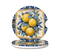 Cavizow Sottobicchieri in ceramica per auto, confezione da 2 pezzi, motivo a piastrelle di limone, assorbenti, per portabicchieri, antiscivolo, con base in sughero, per auto