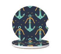 Cavizow Sottobicchieri in ceramica per auto, confezione da 2 pezzi, motivo ancora di nave verde, assorbenti, per portabicchieri, antiscivolo, con base in sughero, per auto