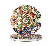 Cavizow Sottobicchieri in ceramica per auto, confezione da 2 pezzi, motivo etnico mandala, piastrelle in ceramica, assorbenti, per portabicchieri, antiscivolo, con base in sughero, per auto