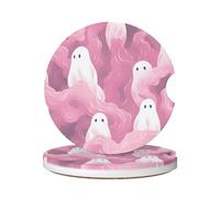 Cavizow Sottobicchieri in ceramica per auto, confezione da 2 pezzi, motivo fantasma ondulato, colore rosa, assorbenti, per portabicchieri, antiscivolo, con base in sughero, per auto