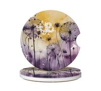Cavizow Sottobicchieri in ceramica per auto, confezione da 2 pezzi, motivo floreale viola giallo, dente di leone, assorbenti, per portabicchieri, antiscivolo, con base in sughero, per auto
