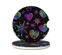Cavizow Sottobicchieri in ceramica per auto, confezione da 2 pezzi, motivo Halloween, cuore, ragnatela, assorbente, per portabicchieri, antiscivolo, con base in sughero, per auto