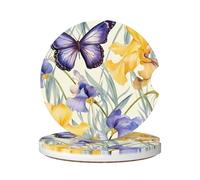 Cavizow Sottobicchieri in ceramica per auto, confezione da 2 pezzi, motivo iris, fiori, farfalle, assorbenti, per portabicchieri, antiscivolo, con base in sughero, per auto
