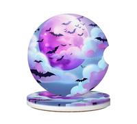 Cavizow Sottobicchieri in ceramica per auto, confezione da 2 pezzi, motivo luna viola, pipistrelli di Halloween, assorbenti, per portabicchieri, antiscivolo, con base in sughero, per auto