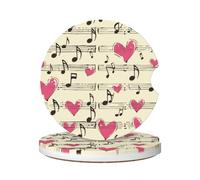 Cavizow Sottobicchieri in ceramica per auto, confezione da 2 pezzi, motivo note musicali, cuori e amore, assorbenti, per portabicchieri, antiscivolo, con base in sughero, per auto