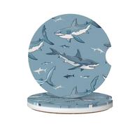 Cavizow Sottobicchieri in ceramica per auto, confezione da 2 pezzi, motivo: squalo marino, assorbenti, per portabicchieri, antiscivolo, con base in sughero, per auto