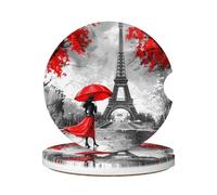 Cavizow Sottobicchieri in ceramica per auto, confezione da 2 pezzi, motivo: Torre Eiffel rossa, assorbenti, per portabicchieri, antiscivolo, con base in sughero, per auto