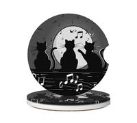 Cavizow Sottobicchieri in ceramica per auto, confezione da 2 pezzi, tre gatti con note musicali, luna, assorbenti, per portabicchieri, antiscivolo, con base in sughero, per auto