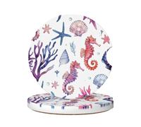 Cavizow Sottobicchieri in ceramica per auto, confezione da 2 pezzi, viola corallo cavalluccio marino, assorbenti, per portabicchieri, antiscivolo, con base in sughero, per auto