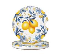 Cavizow Sottobicchieri in ceramica per auto, confezione da 2 sottobicchieri ad acquerello con foglie di limone, assorbenti, per portabicchieri, antiscivolo, con base in sughero, per auto