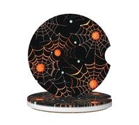 Cavizow Sottobicchieri in ceramica per auto, confezione da 2 sottobicchieri arancioni con ragnatela di ragnatela di Halloween, per portabicchieri, antiscivolo, con base in sughero, per auto