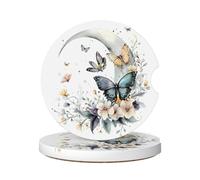 Cavizow Sottobicchieri in ceramica per auto, confezione da 2 sottobicchieri assorbenti con base in sughero, con base in sughero, motivo luna misteriosa e farfalla
