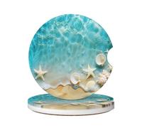 Cavizow Sottobicchieri in ceramica per auto, confezione da 2 sottobicchieri assorbenti con stella marina, conchiglie, per portabicchieri, antiscivolo, con base in sughero, per auto
