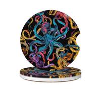 Cavizow Sottobicchieri in ceramica per auto, confezione da 2 sottobicchieri colorati a forma di polpo marino, assorbenti, per portabicchieri, antiscivolo, con base in sughero, per auto
