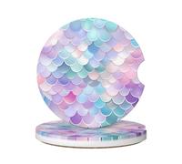 Cavizow Sottobicchieri in ceramica per auto, confezione da 2 sottobicchieri colorati a forma di squame di pesce, assorbenti, per portabicchieri, antiscivolo, con base in sughero, per auto