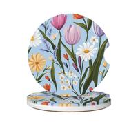 Cavizow Sottobicchieri in ceramica per auto, confezione da 2 sottobicchieri colorati con margherite e tulipani, lavanda, assorbenti, per portabicchieri, antiscivolo, con base in sughero, per auto