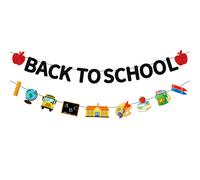 CAVLA Glitter Back To School Banner with Apple School Bus Signs Black Glittery First Day Of School Garland Banner Welcome Back To School Par
