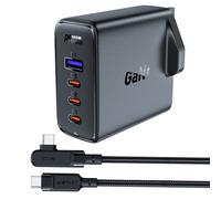 Cavo 2 in 1 e caricabatterie rapido GaN con spina UK, 100 W PD, 3 porte USB-C e USB, colore nero.