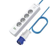 Cavo adattatore CEE 2500 W con presa a 4 prese e USB 2U1C - Cavo da campeggio da 5 m (3 x 1,5 mm², cavo flessibile blu) - per campeggio, cucina, roulotte, tenda - bianco, con spina CEE e accoppiamento