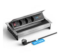 Cavo da 3 m, presa a scomparsa a 3 prese con USB-C PD 30 W, alluminio | Presa da incasso a scomparsa con interruttore, presa da tavolo a scomparsa con 4 USB, per piano di lavoro, casa e ufficio