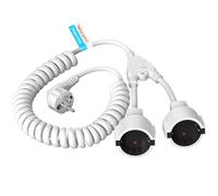 Cavo di prolunga a spirale 7 m Max, cavo a spirale estensibile, IP20 con 2 prese, doppia spina Schuko 3 x 1,0 mm² (230 V/16 A), bianco