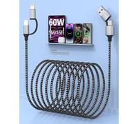 Cavo di Ricarica Extra Lungo per iPhone 5M, 15FT Cavo di Ricarica Veloce da 60W USB-C e Lightning 4-in-1 intrecciato multi caricatore Lightning/Tipo C/USB A per iPhone 16/15/14, iPad, Samssung, Androi
