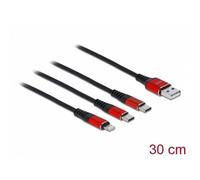 Cavo di ricarica USB 3 in 1 DeLOCK Tipo-A a Lightning/2 x USB Type-C 30 cm Nero/Rosso