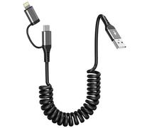 Cavo iPhone Spirale per Apple Carplay e Android Auto, 2 in 1 Multi Cavo di Ricarica Cavetto con Tipo C Lightning Interfaccia Cavo USB Retrattile per iPhone 16/15/14/Huawei/Galaxy