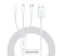 Cavo USB 3 in 1 di qualità superiore per iPhone, Lightning, USB-C, microUSB, 3,5 A, 1,5 m, bianco.