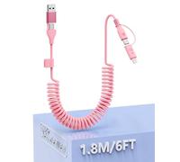 Cavo USB C e Lightning 4 in 1, certificato MFi, 60 W, ricarica rapida e sincronizzazione dati Apple CarPlay Android Auto, cavo multi caricatore a spirale Lightning/porte tipo C/USB A per iPhone 16 15