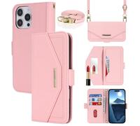Cavor Coque Compatible avec iPhone 16 PRO Max Etui avec Cordon,Flip Portefeuille Étui Cuir,[5 Porte Cartes][Miroir][Magnétique][Réglable Collier] Housse Etui - Rose