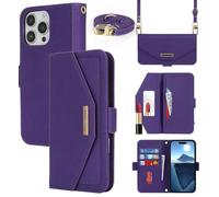 Cavor Coque Compatible avec iPhone 16 PRO Max Etui avec Cordon,Flip Portefeuille Étui Cuir,[5 Porte Cartes][Miroir][Magnétique][Réglable Collier] Housse Etui - Violet