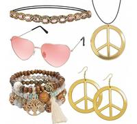 CavspkArt Costume hippie da donna, 5 pezzi, set di costumi anni '60 e '70, include collana, orecchini, fascia per capelli, occhiali da sole, braccialetto bohémien, accessori per costume hippie per