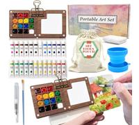 CAwished Mini set kit acquerelli da viaggio tutto in uno da 10 pezzi con tavolozza pieghevole in legno a 15 colori, album da disegno, pennello, tempere, tazza pieghevole, cinturino da polso, custodia