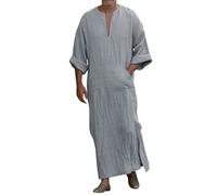 Caxndycing Abbigliamento arabo Uomo Cotone Lino Caftano Scollo a V Abbigliamento etnico Islamico Estate Primavera Uomini Lounge Abbigliamento Maniche Lunghe Retro, azzurro, XL