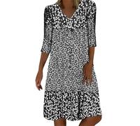 Caxndycing Abito da donna in cotone e lino, con maniche a 3/4, estivo, alla moda, tinta unita, in mussola, per il tempo libero, maxi abito retrò elegante, Nero , XL