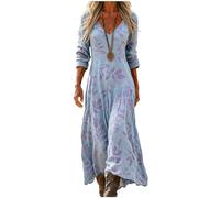 Caxndycing Abito da donna in mussola, in lino, con fiori, con scollo a V, maniche a 3/4, lungo, bohémien, vintage, tunica, traspirante, linea ad A, morbido, per il tempo libero, Azzurro, 3XL