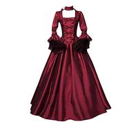 Caxndycing Abito da donna medievale, stile gotico, elegante, stile retrò, per rinascimento vittoriano, principessa, barocco, stile rococò, in tinta unita, maxi abito a maniche lunghe, Colore: rosso, S