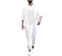 Caxndycing Abito da uomo musulmano dal Medio Oriente, vesti saudite, colletto ricamato, Kaftan da preghiera, Thobe, abito marocchino islamico, bianco, L