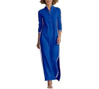 Caxndycing Abito estivo da donna, elegante, per il tempo libero, lunghezza al ginocchio, a maniche lunghe, estivo, alla moda, casual, in pizzo, comodo, a tinta unita, girocollo, Blu, XXL
