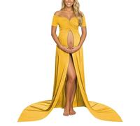 Caxndycing Abito premaman da donna, per servizi fotografici, senza spalle, a maniche lunghe, maxi abito da sposa, con scollo a V, elegante servizio di abiti da sera, giallo chiaro, L