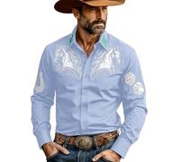 Caxndycing Camicia da cowboy da uomo, con stampa 3D, vintage, medievale, ricamato, a maniche lunghe, stile western, per carnevale, feste, vestibilità normale, estiva, Azzurro, S