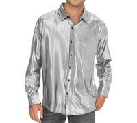 Caxndycing Camicia da uomo con paillette, a maniche lunghe, con brillantini, per il tempo libero, per cosplay, rock, bottoni, giù, alla moda, alla moda, da discoteca, con vestibilità allentata,